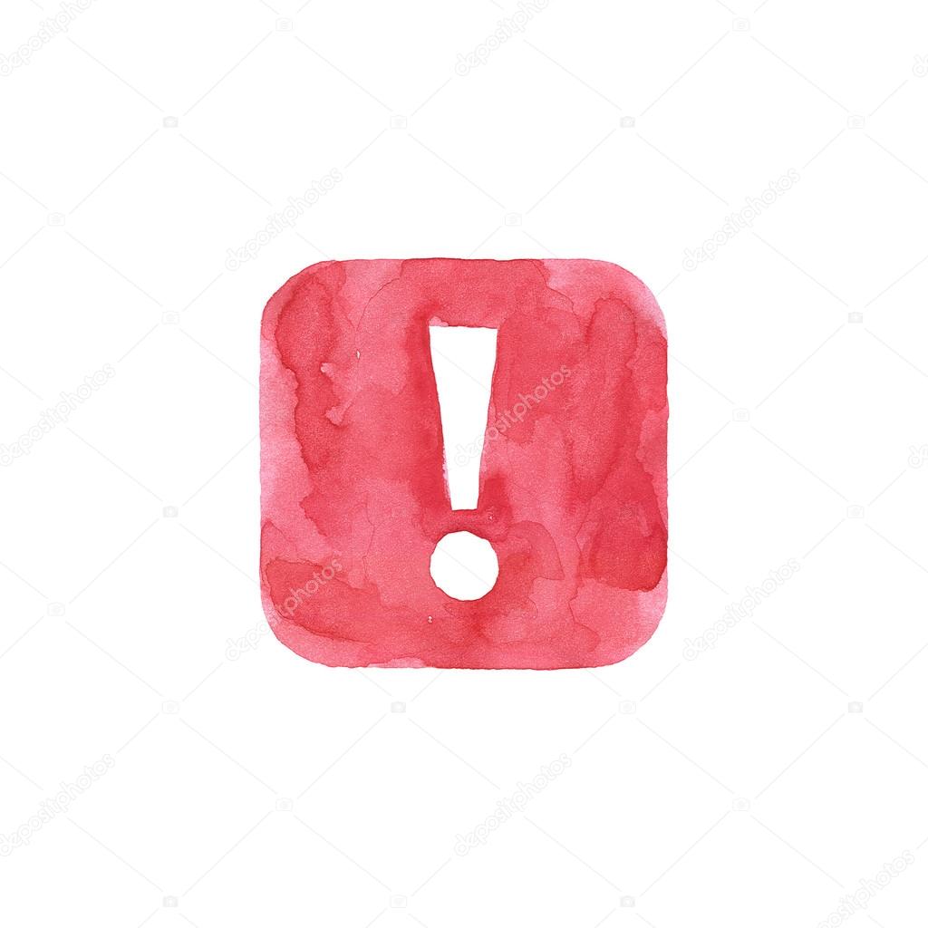 Attention icon red button with exclamation mark sign. Isolated rounded square shape on white background created in watercolor handmade technique. Colored web design element UI user interface