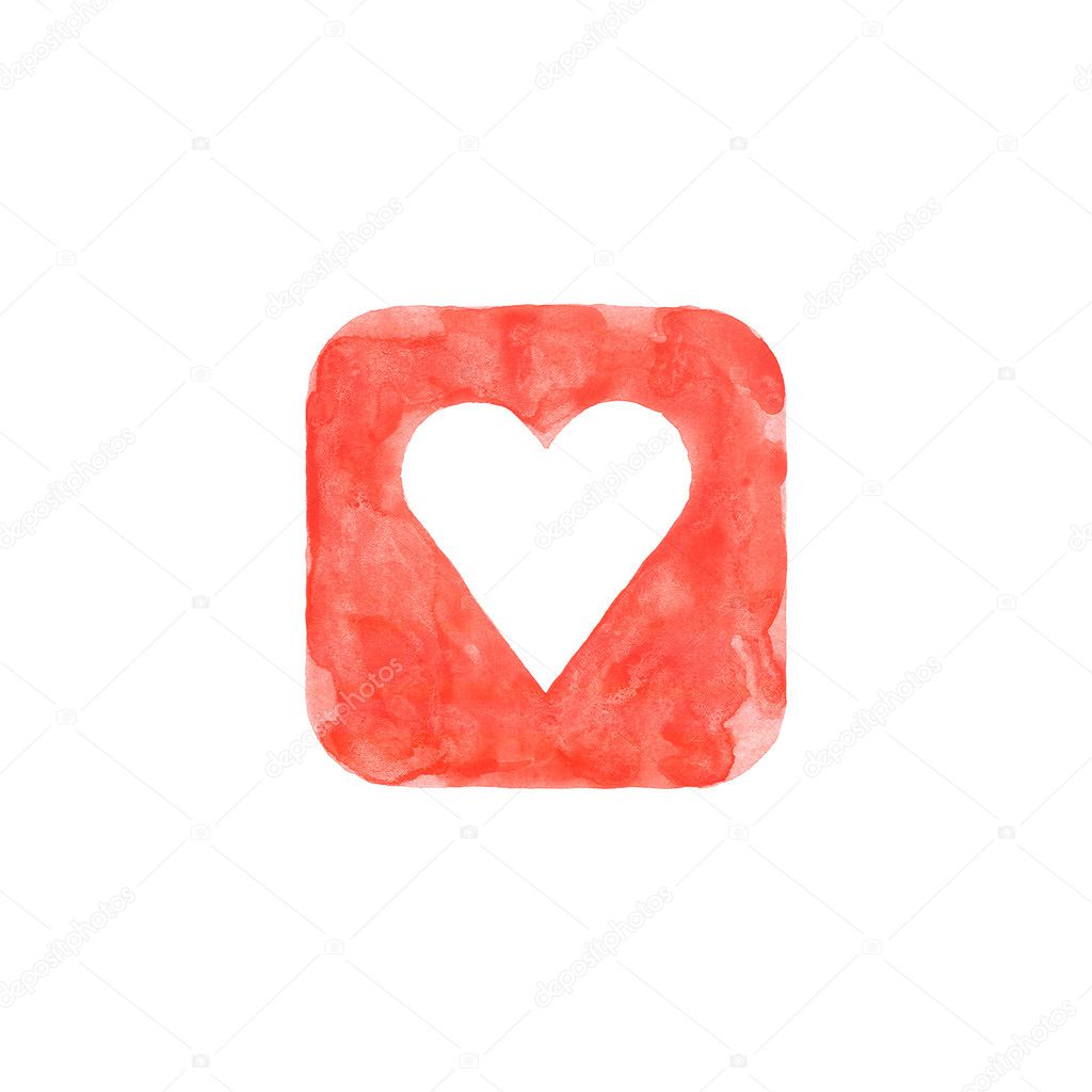 Heart icon red button with favorite sign. Isolated rounded square shape on white background created in watercolor handmade technique. Colored web design element UI user interface
