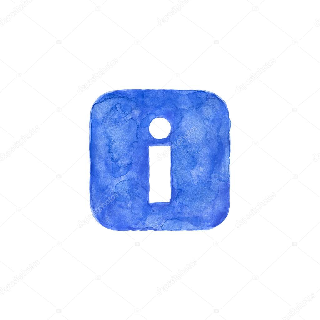 Information icon blue button with sign. Isolated rounded square shape on white background created in watercolor handmade technique. Colored web design element UI user interface
