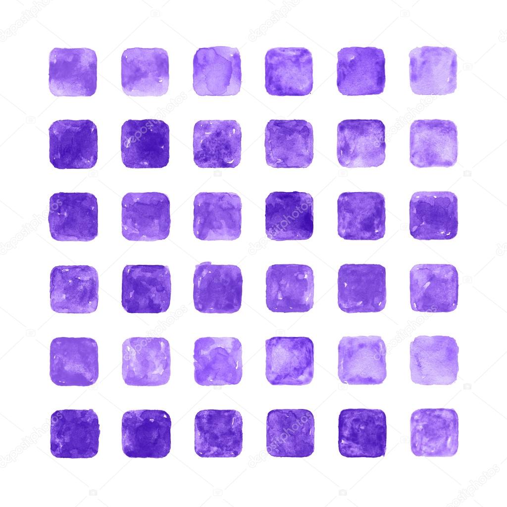 Violet color watercolor blank rounded square shapes web buttons on white background.