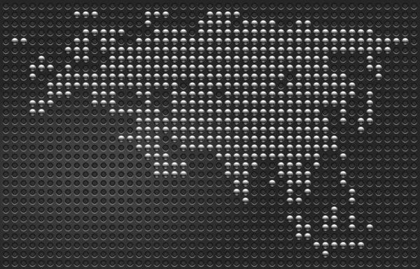 Botões metálicos cromados Mapa do continente eurásia na textura metálica perfurada fundo preto . — Vetor de Stock