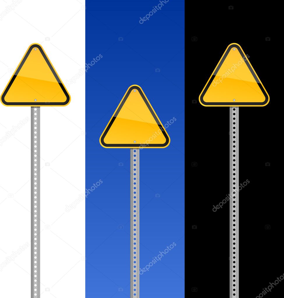 Empty hazard yellow warning signs with metal pole on white, blue sky and black