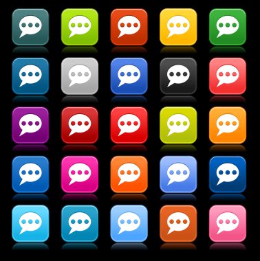 25 satined web 2.0 düğmesi sohbet odası işareti ile pürüzsüz. renkli kare şekilleri ile siyah arka planda yansıma yuvarlak. 8 eps kaydedilen bu vektör çizim