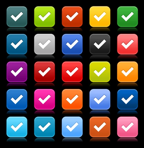 25 smooth satined web 2.0 button with check mark sign. Colored rounded square shapes with reflection on black background. This vector illustration saved in 8 eps — 스톡 벡터