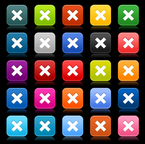 25 suave satinado web 2.0 botão com sinal de exclusão. Formas quadradas arredondadas coloridas com reflexão sobre fundo preto. Esta ilustração vetorial salva em 8 eps — Vetor de Stock