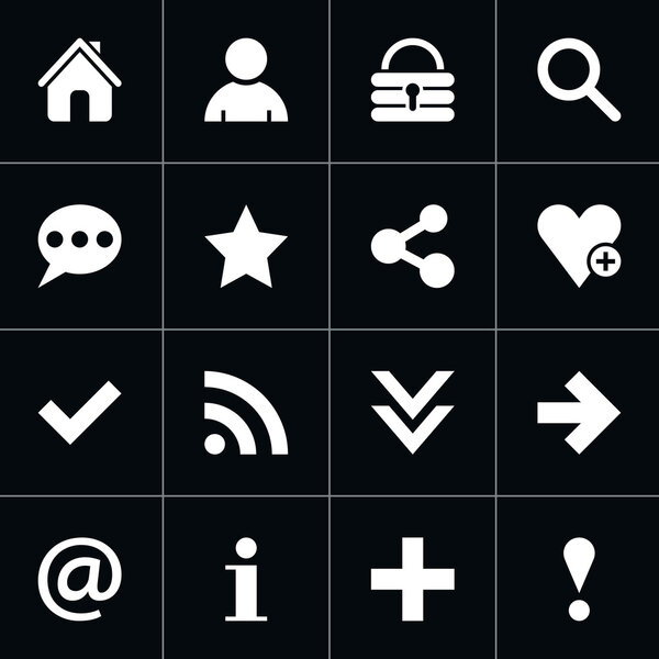 16 basic pictogram white icon set
