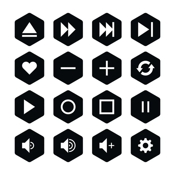 16 media player black pictogram control button sign set — Stock Vector