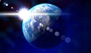 Dünya - Kuzey, Güney ve Orta Amerika 'daki uzaydan manzara, güneş parlıyor. Bu görüntünün elementleri NASA tarafından döşenmiştir - 3 boyutlu illüstrasyon