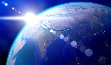 Dünya, Asya tarafı - Hindistan 'da, Bangladeş' te, Çin 'de, Tayland' da, Vietnam 'da güneş parlıyor. Bu görüntünün elementleri NASA tarafından döşenmiştir - 3 boyutlu illüstrasyon