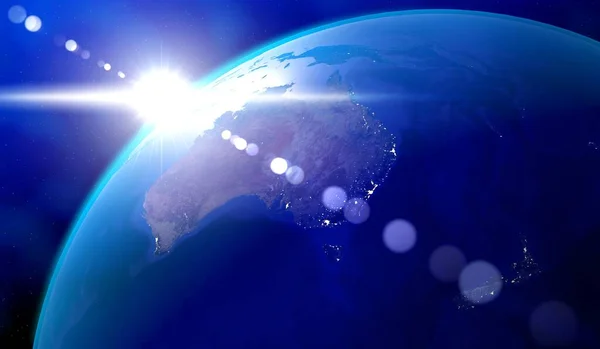 Earth, Australia side - sun glare and city lights in major cities in Australia and New Zealand. Elements of this image furnished by NASA - 3D illustration