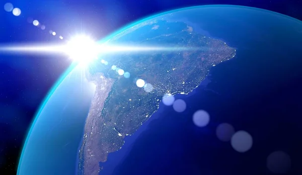 Jorden Sydamerika Sidan Sol Bländning Och Stadsljus Brasilien Argentina Paraguay — Stockfoto