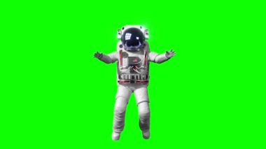 Astronot atlama ve uçma - yeşil arka planda izole. 3D 4k animasyon (3840 x 2160 px).
