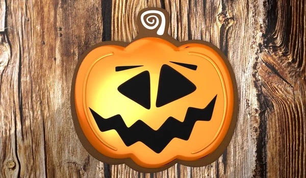 Halloween Dýně Cookie Dřevěném Pozadí Ilustrace — Stock fotografie