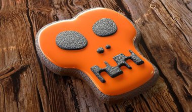 Ahşap arka planda cadılar bayramı kafatası kurabiyesi - 3 boyutlu illüstrasyon