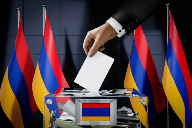 Ermenistan bayrakları, oy pusulasının kutuya atılması - oy kullanma, seçim konsepti - 3 boyutlu illüstrasyon