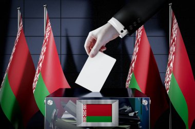 Belarus bayrakları, oy pusulasının kutuya atılması - oy verme, seçim konsepti - 3D illüstrasyon