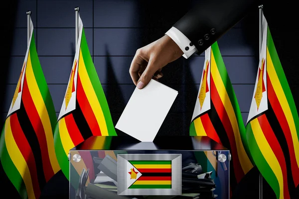 Bandiere Dello Zimbabwe Mano Cadere Scheda Elettorale Una Scatola Voto — Foto Stock