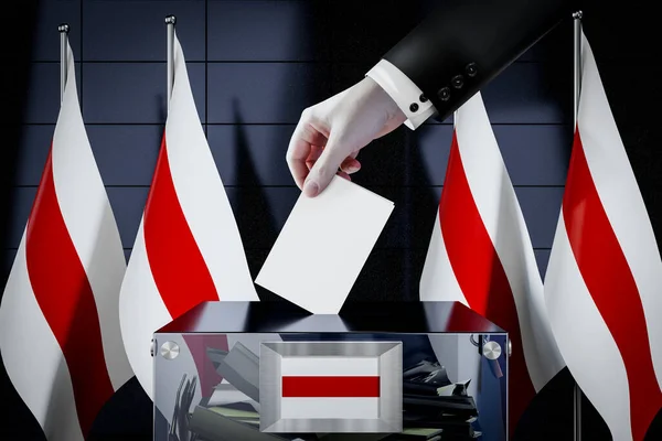 Weißrussland Demokratische Flaggen Hand Wirft Wahlkarte Eine Box Abstimmung Wahlkonzept — Stockfoto