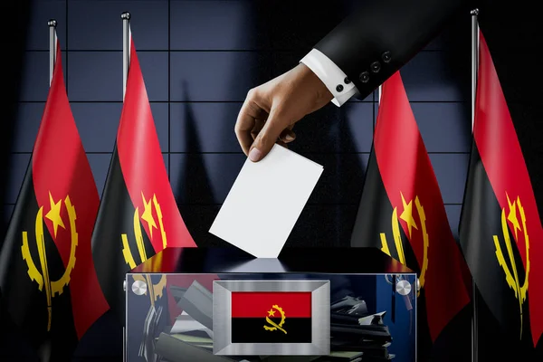 Angola Vlaggen Hand Laten Vallen Stemkaart Een Doos Stemming Verkiezingsconcept — Stockfoto