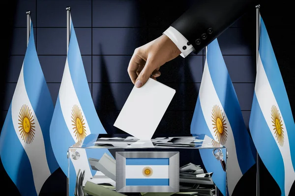 Σημαία Αργεντινής Χέρι Ρίχνοντας Την Κάρτα Ένα Κουτί Ψηφοφορία Εκλογική — Φωτογραφία Αρχείου