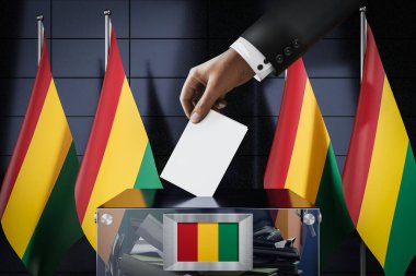 Gine Bissau bayrakları, oy pusulasına el atma - oy kullanma, seçim konsepti - 3 boyutlu illüstrasyon