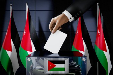 Ürdün bayrakları, oy pusulasına el atmak - oy kullanma, seçim konsepti - 3 boyutlu illüstrasyon