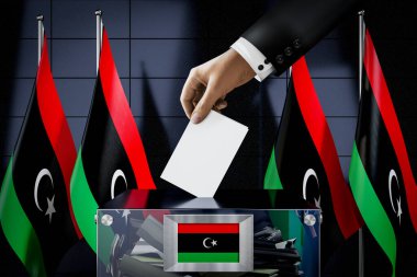 Libya bayrakları, oy pusulalarını sandığa atmak - oy kullanma, seçim konsepti - 3D illüstrasyon