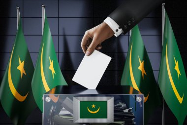 Moritanya bayrakları, oy pusulasını bir sandığa atmak - oy kullanma, seçim konsepti - 3 boyutlu illüstrasyon