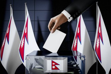 Nepal bayrakları, oy pusulasının kutuya konması - oy kullanma, seçim konsepti - 3 boyutlu illüstrasyon