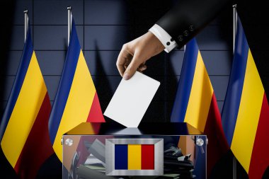 Romanya bayrakları, oy pusulalarını sandığa atmak - oy kullanma, seçim konsepti - 3 boyutlu illüstrasyon