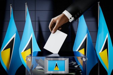 Saint Lucia bayrakları, oy pusulasına el atmak - oy vermek, seçim konsepti - 3 boyutlu illüstrasyon