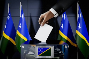 Solomon Adaları bayrakları, oy pusulasının kutuya atılması - oy kullanma, seçim konsepti - 3 boyutlu illüstrasyon