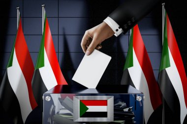 Sudan bayrakları, oy pusulasının kutuya konması - oy kullanma, seçim konsepti - 3 boyutlu illüstrasyon