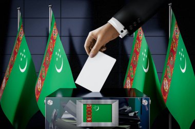 Türkmenistan bayrakları, oy pusulasının kutuya atılması - oy kullanma, seçim konsepti - 3 boyutlu illüstrasyon