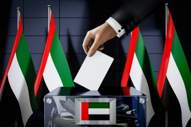 Birleşik Arap Emirlikleri bayrakları, oy pusulasına el atma - oy kullanma, seçim konsepti - 3 boyutlu illüstrasyon