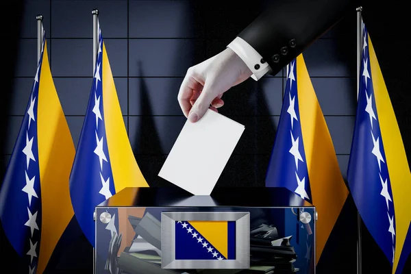 Banderas Bosnia Herzegovina Mano Dejando Caer Tarjeta Votación Una Caja —  Fotos de Stock