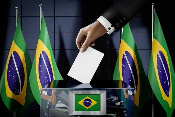 Σημαία Βραζιλίας Χέρι Ρίχνοντας Την Κάρτα Ένα Κουτί Ψηφοφορία Εκλογική — Φωτογραφία Αρχείου