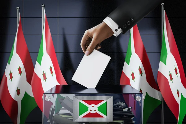 Bandiere Del Burundi Mano Cadere Scheda Elettorale Una Scatola Voto — Foto Stock