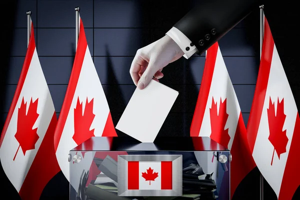 Kanada Fahnen Hand Wirft Wahlkarte Eine Box Abstimmung Wahlkonzept Illustration — Stockfoto