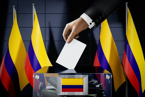Σημαίες Κολομβίας Χέρι Ρίχνοντας Την Κάρτα Ένα Κουτί Ψηφοφορία Εκλογική — Φωτογραφία Αρχείου