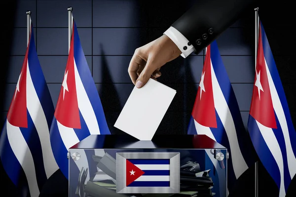 古巴国旗 手递选票进入投票箱 选举概念 3D说明 — 图库照片