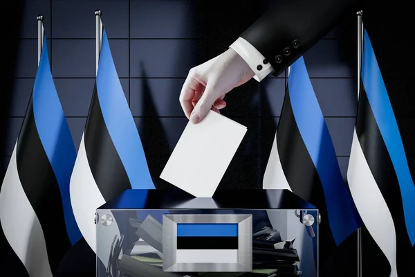 Estland Fahnen Hand Wirft Wahlkarte Eine Box Abstimmung Wahlkonzept Illustration — Stockfoto