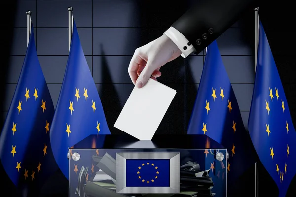 Banderas Unión Europea Dejar Caer Tarjeta Votación Una Caja Votación — Foto de Stock