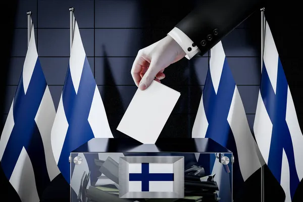 Флаги Финляндии Ручное Опускание Бюллетеней Коробку Голосование Избирательная Концепция Иллюстрация — стоковое фото