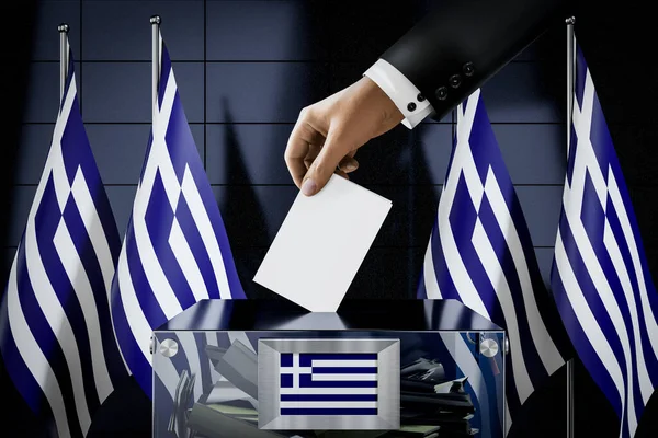Σημαία Ελλάδας Ρίψη Χέρι Της Κάρτας Κάλπη Ψηφοφορία Εκλογική Ιδέα — Φωτογραφία Αρχείου