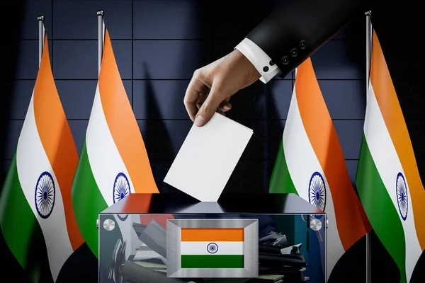 Drapeaux Inde Dépôt Main Une Carte Vote Dans Une Boîte — Photo