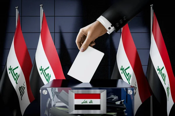 伊拉克国旗 手递选票进入投票箱 选举概念 3D插图 — 图库照片