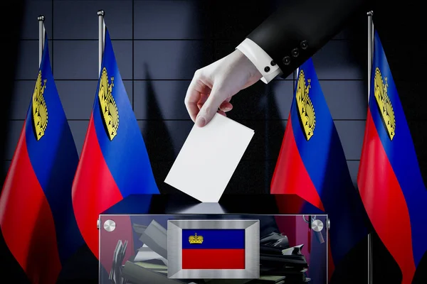 Bandeiras Liechtenstein Mão Soltando Cartão Cédula Uma Caixa Votação Conceito — Fotografia de Stock