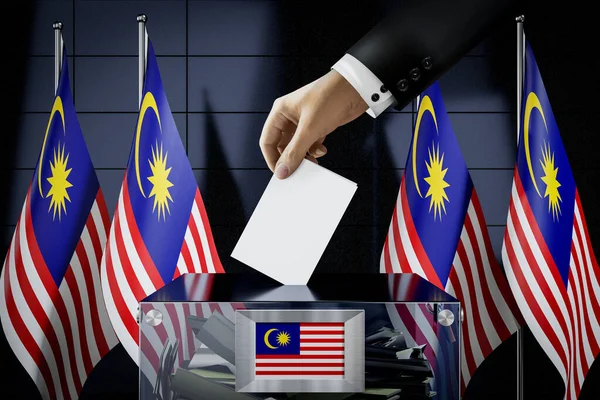 Флаги Малайзии Ручное Опускание Бюллетеней Ящик Голосование Избирательная Концепция Иллюстрация — стоковое фото