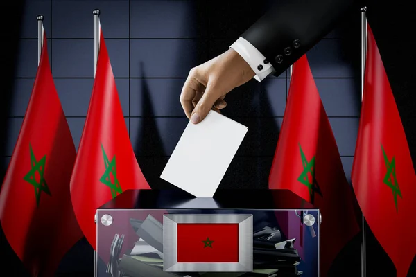 Σημαίες Μαρόκου Χέρι Ρίχνοντας Την Κάρτα Ένα Κουτί Ψηφοφορία Εκλογική — Φωτογραφία Αρχείου